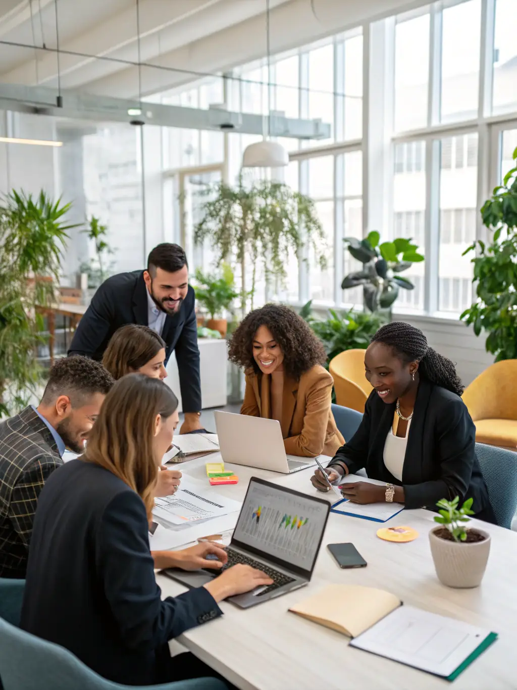 A diverse group of people working collaboratively in a modern co-working space, representing the synergy of a NomadCare partnership.